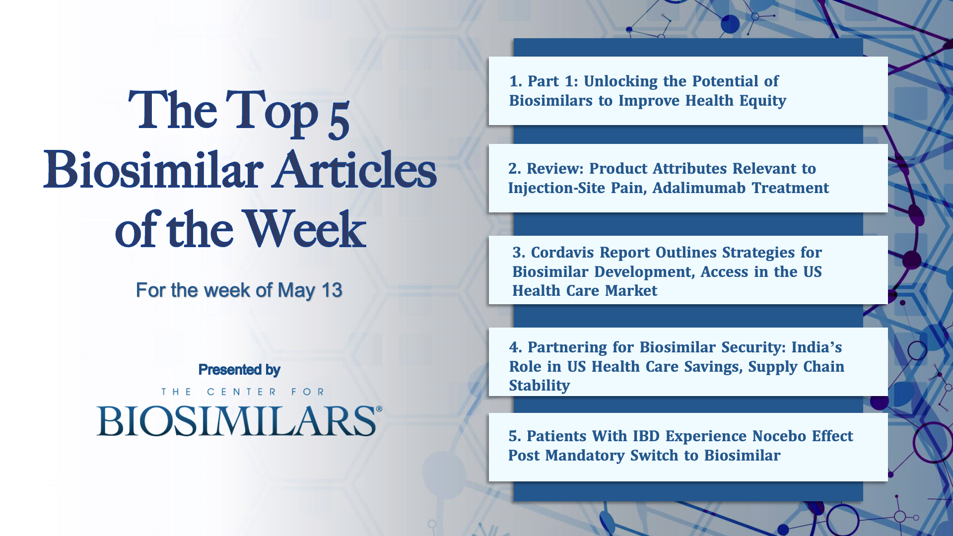 Here are the top 5 biosimilar articles for the week of May 13, 2024. 