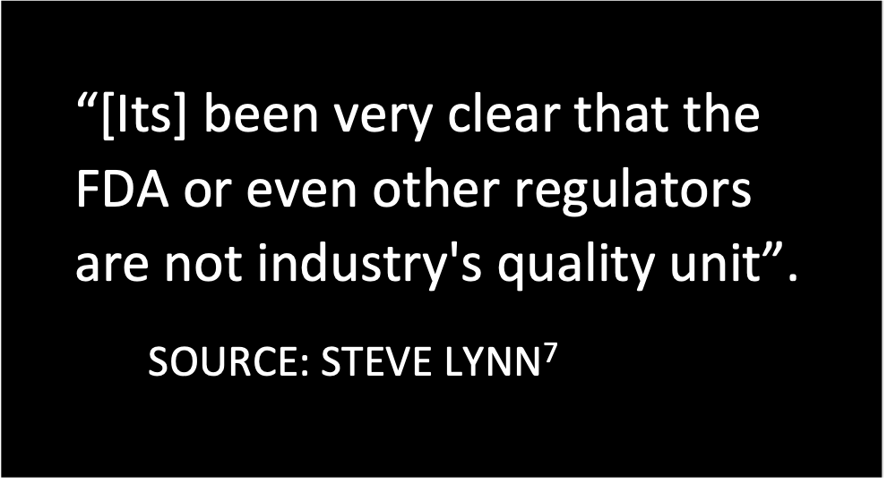 “[Its] been very clear that the FDA or even other regulators are not industry's quality unit”. SOURCE: STEVE LYNN, reference 7
