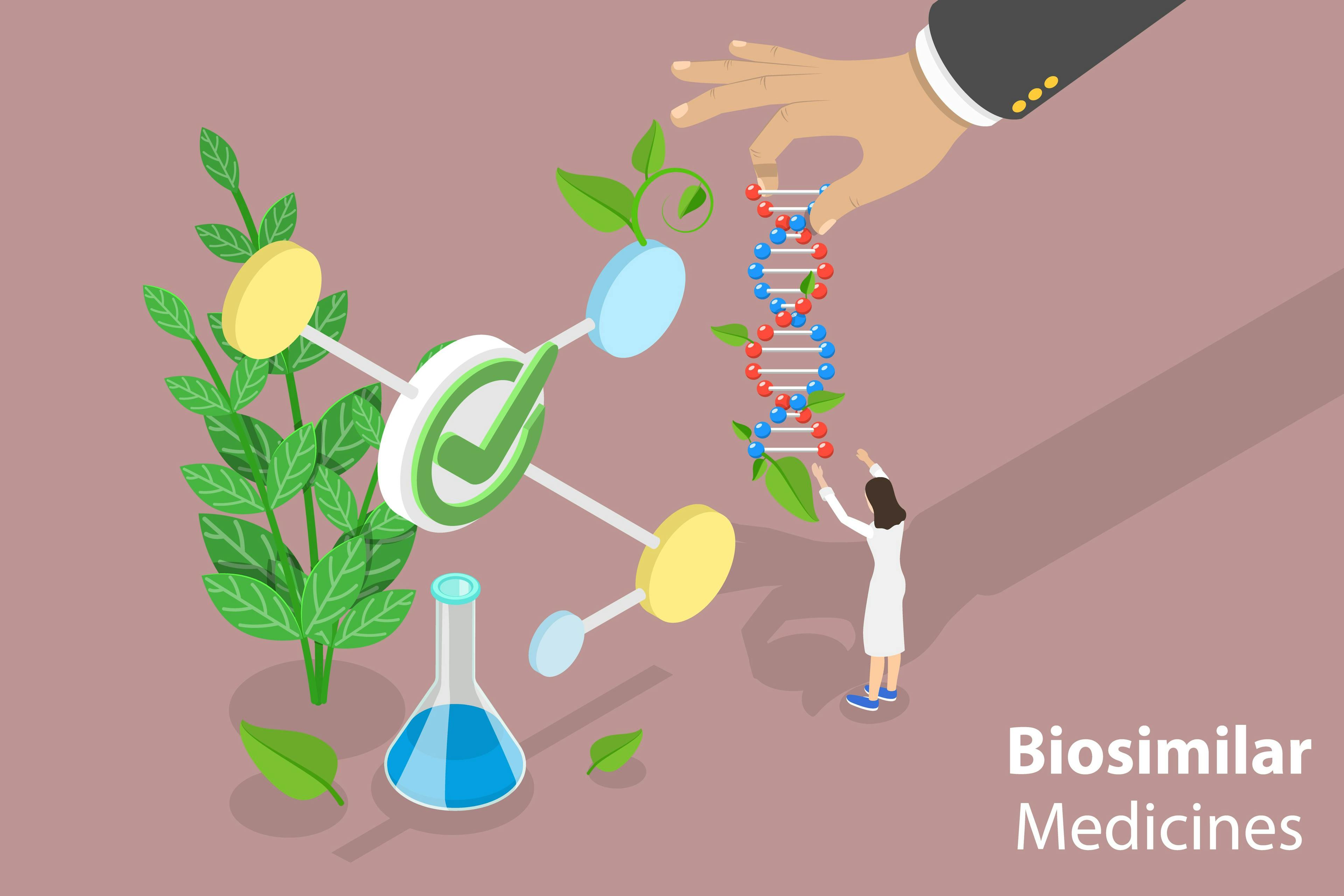 cartoon of a scientist reaching up for DNA molecule with "biosimilar medicine" written in the corner | TarikVision - stock.adobe.com