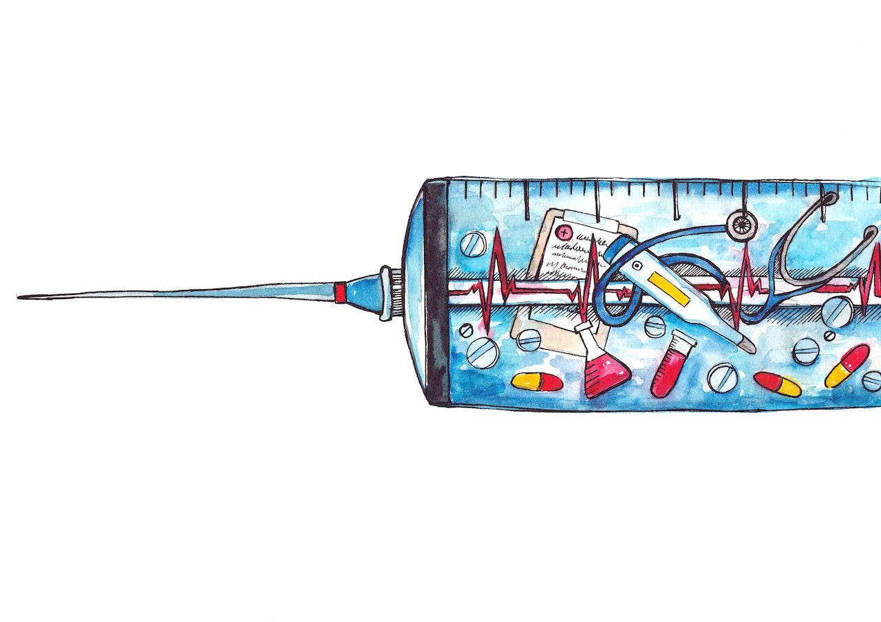 cartoon syringe with images of different things associated with health care