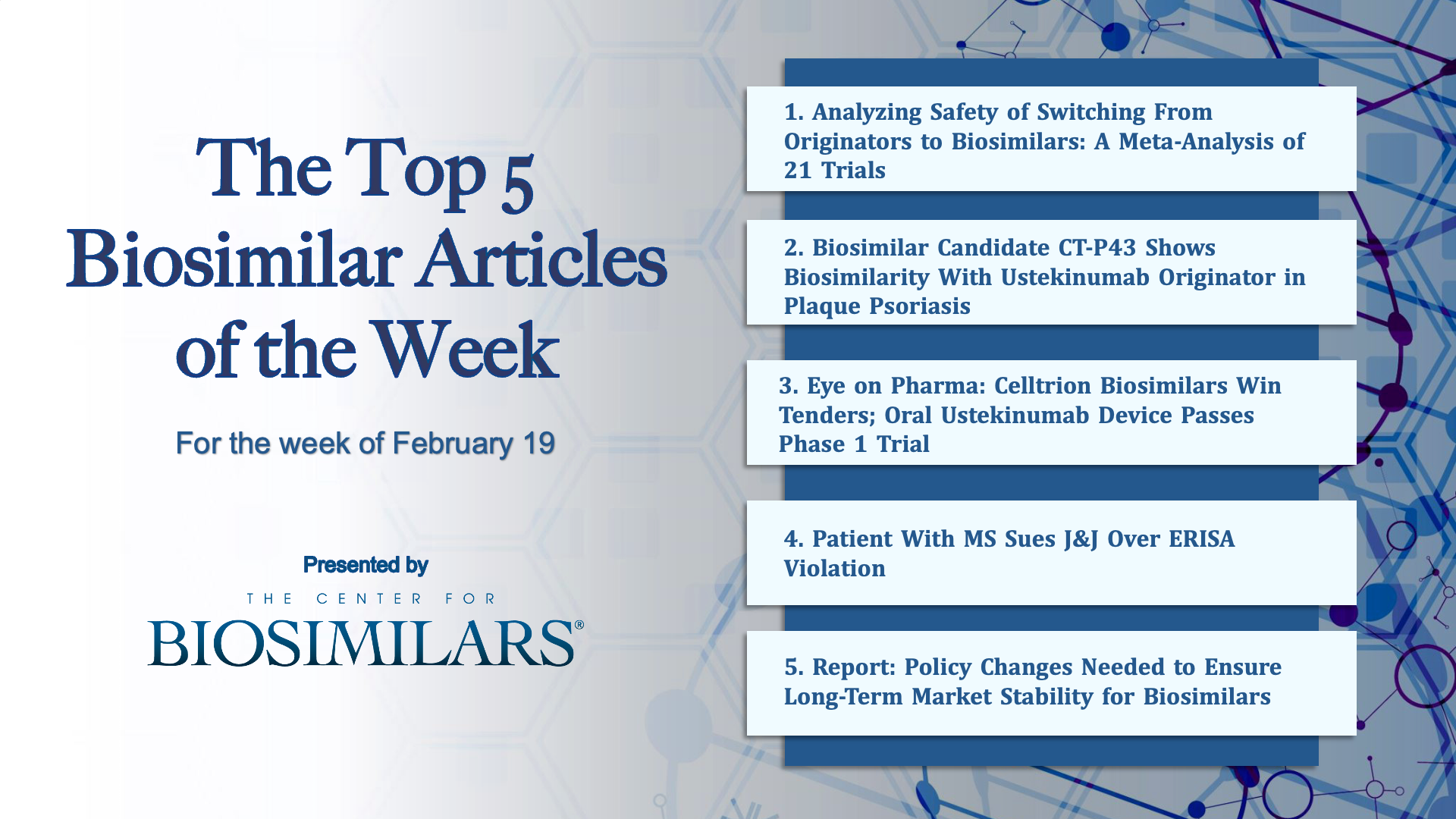 The Top 5 Biosimilar Articles for the Week of February 19, 2024.