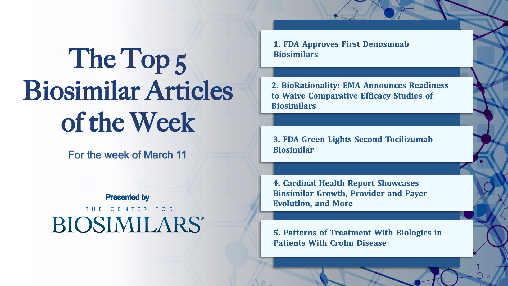 Here are the top 5 biosimilar articles for the week of March 11, 2024. 