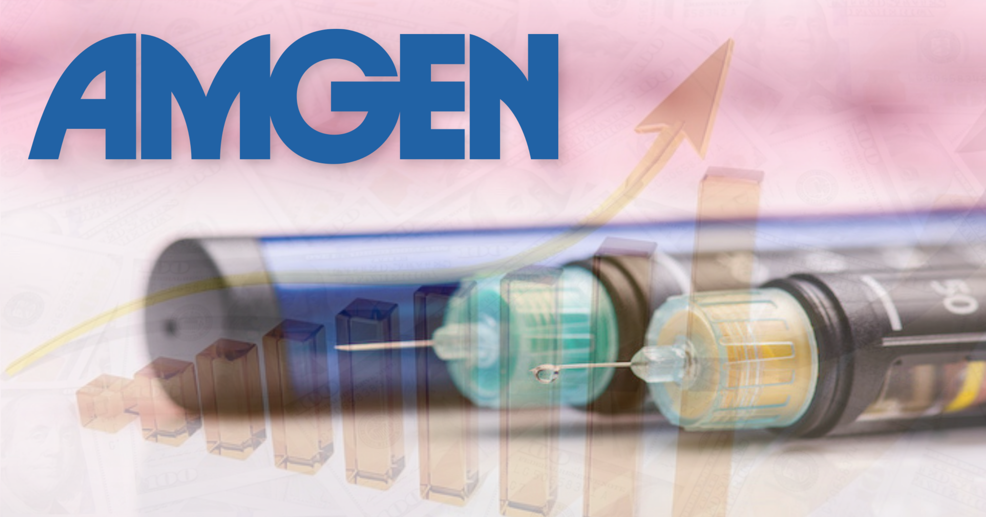 a image of auto-injector syringes, with a image of $100 bills and a bar graph increasing. the Amgen logo is placed on top.