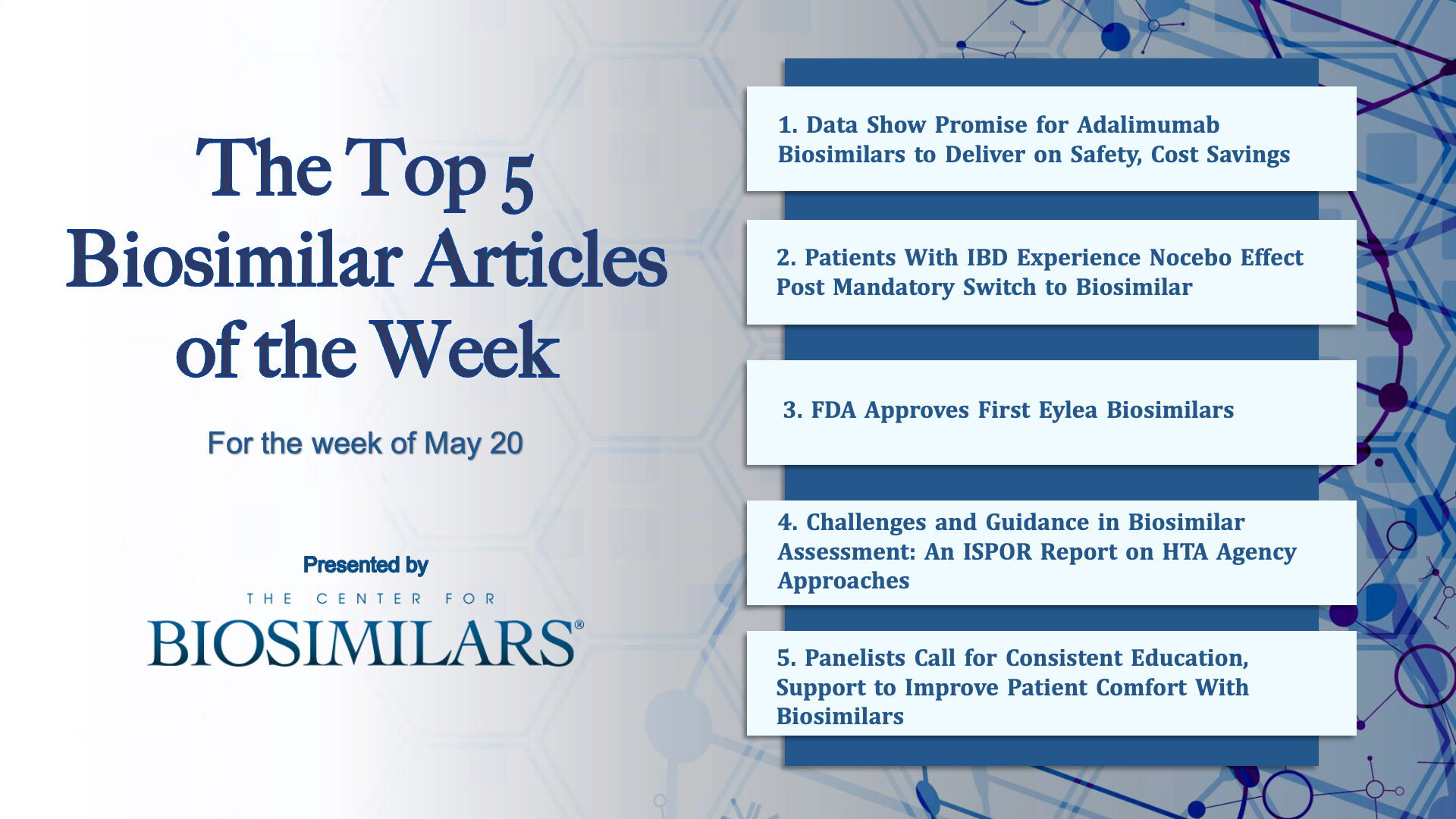 Here are the top 5 biosimilar articles for the week of May 20, 2024. 