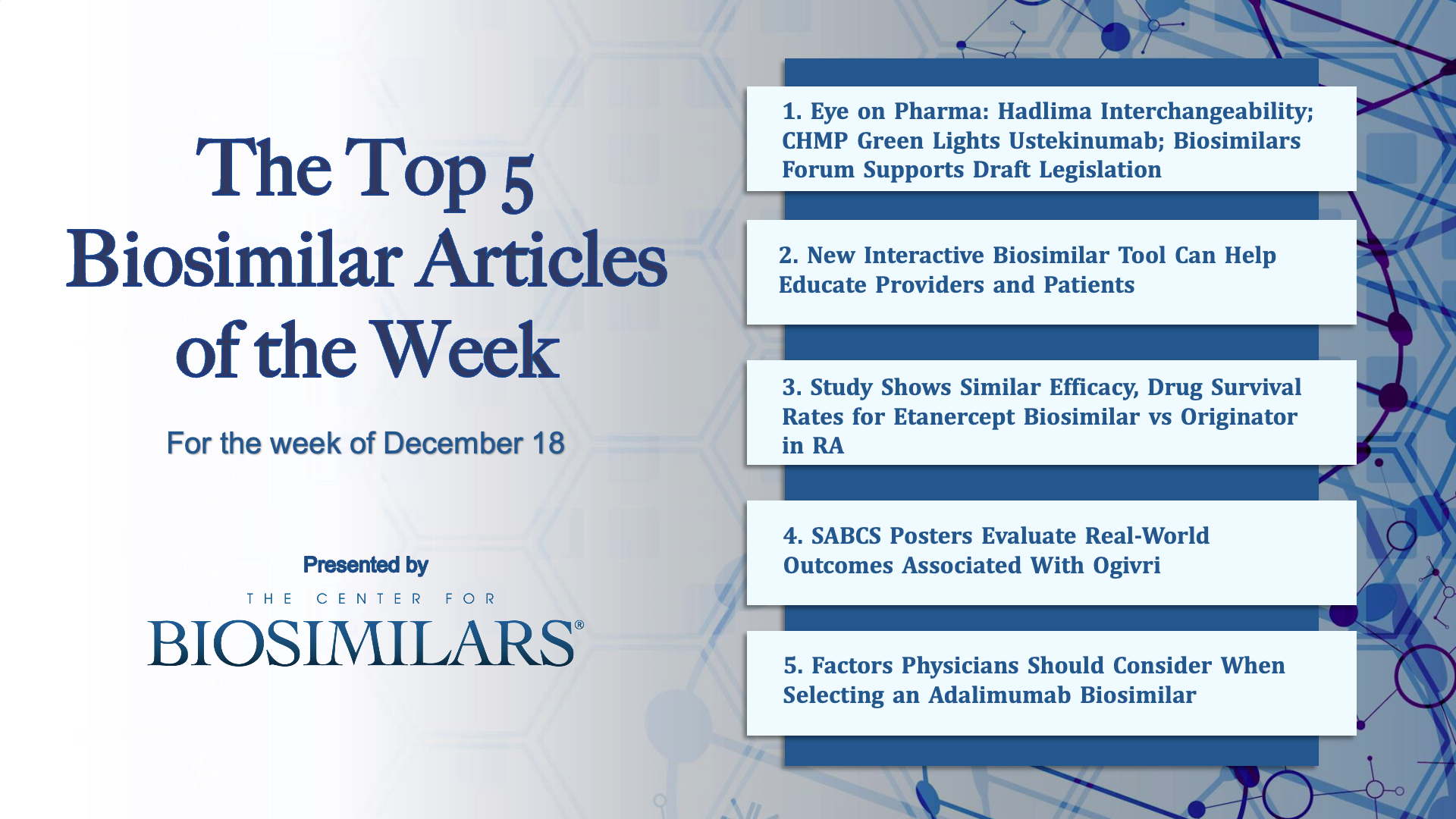 The Top 5 Biosimilar Articles for the Week of December 18