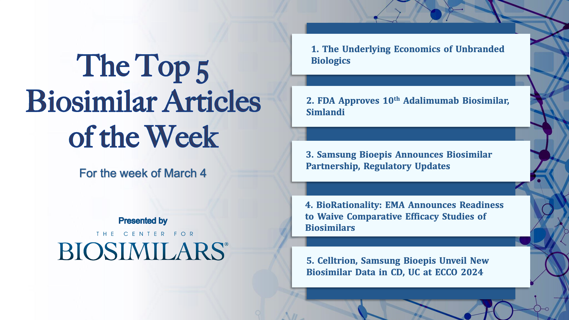 Here are the top 5 biosimilar articles for the week of March 4, 2024. 