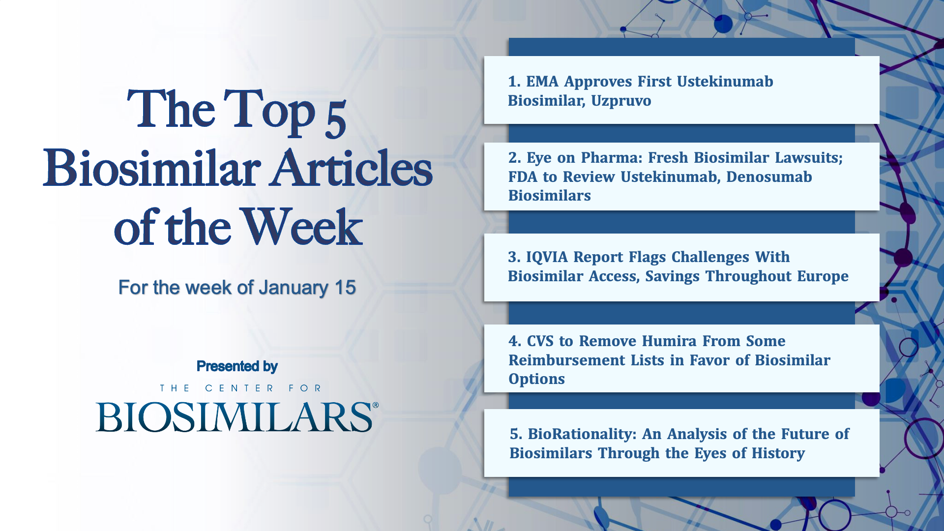 Here are the top 5 biosimilar articles for the week of January 15, 2024. 