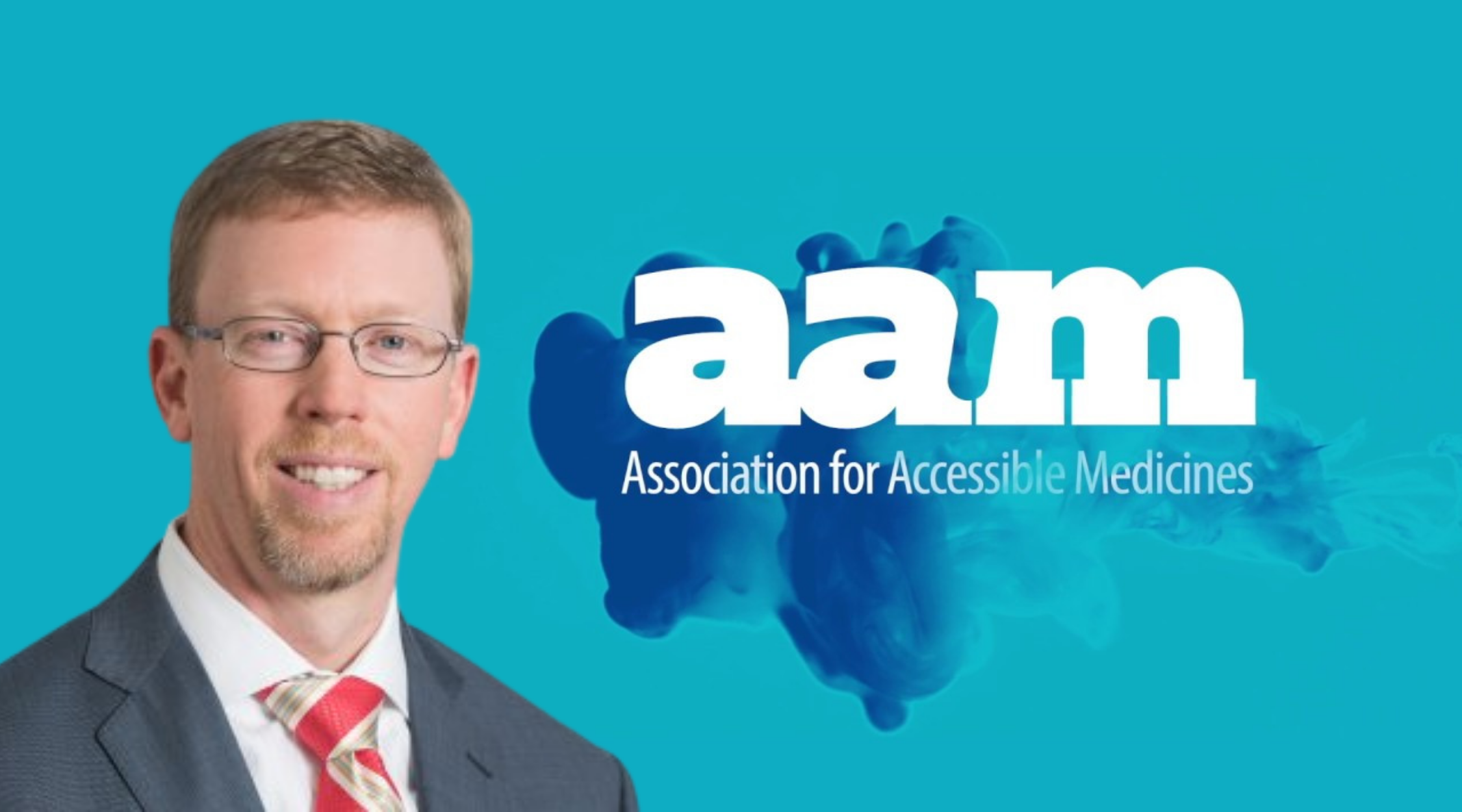 Craig Burton next to the Association for Accessible Medicines logo with navy blue smoke surrounding it