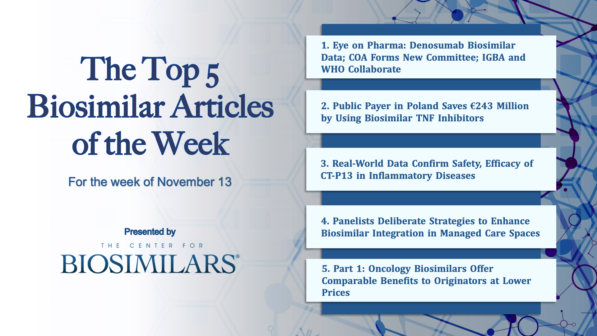 Here are the top 5 biosimilar articles for the week of November 13, 2023.