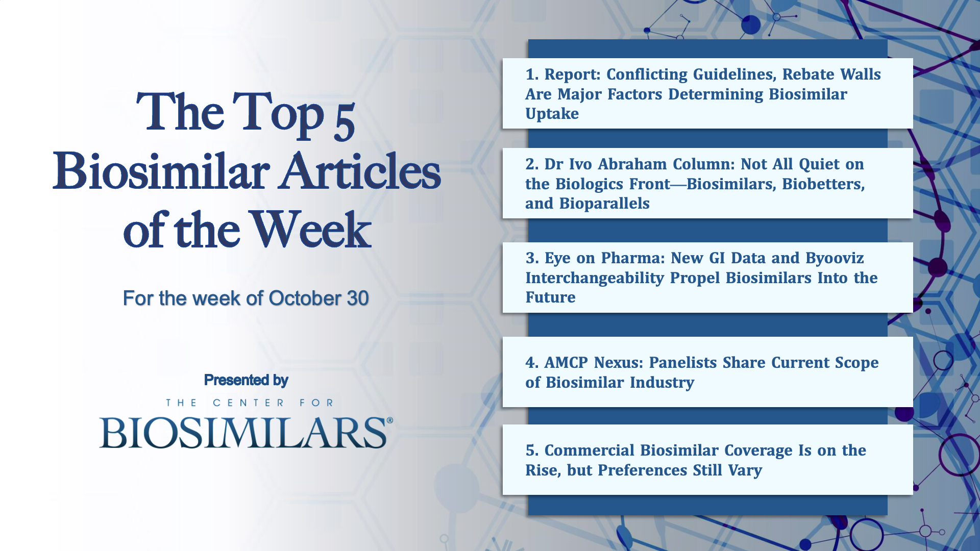 Here are the top 5 biosimilar articles for the week of October 30, 2023.