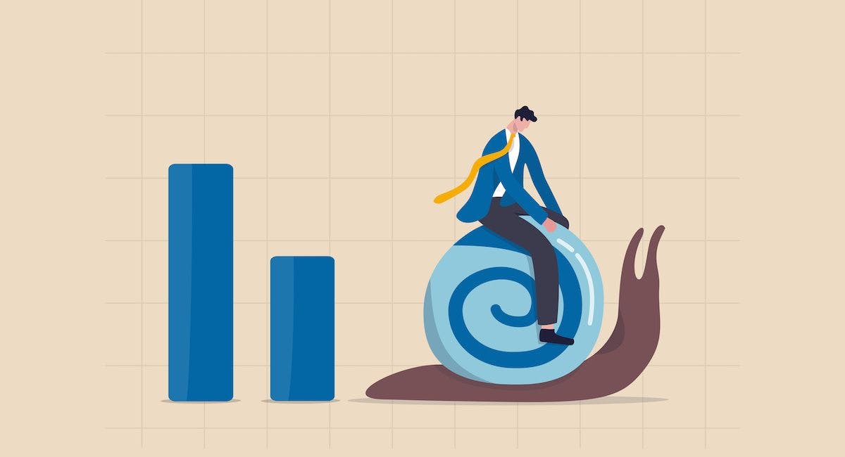 slow uptake as pictures with a business man on a snail next to a bar graph showing growth | Image credit: Nuthawut - stock.adobe.com.