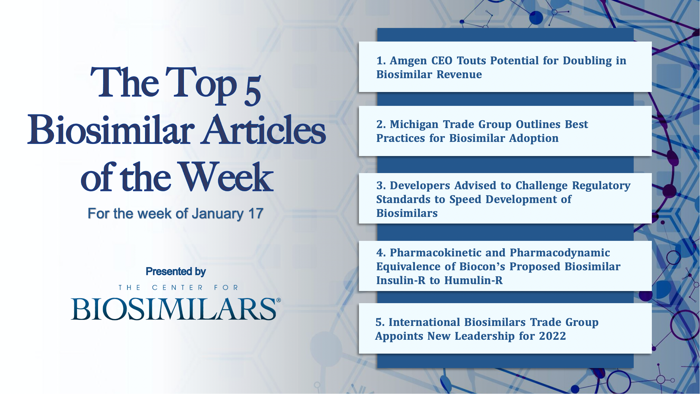 Here are the top 5 biosimilar articles for the week of January 17, 2022.