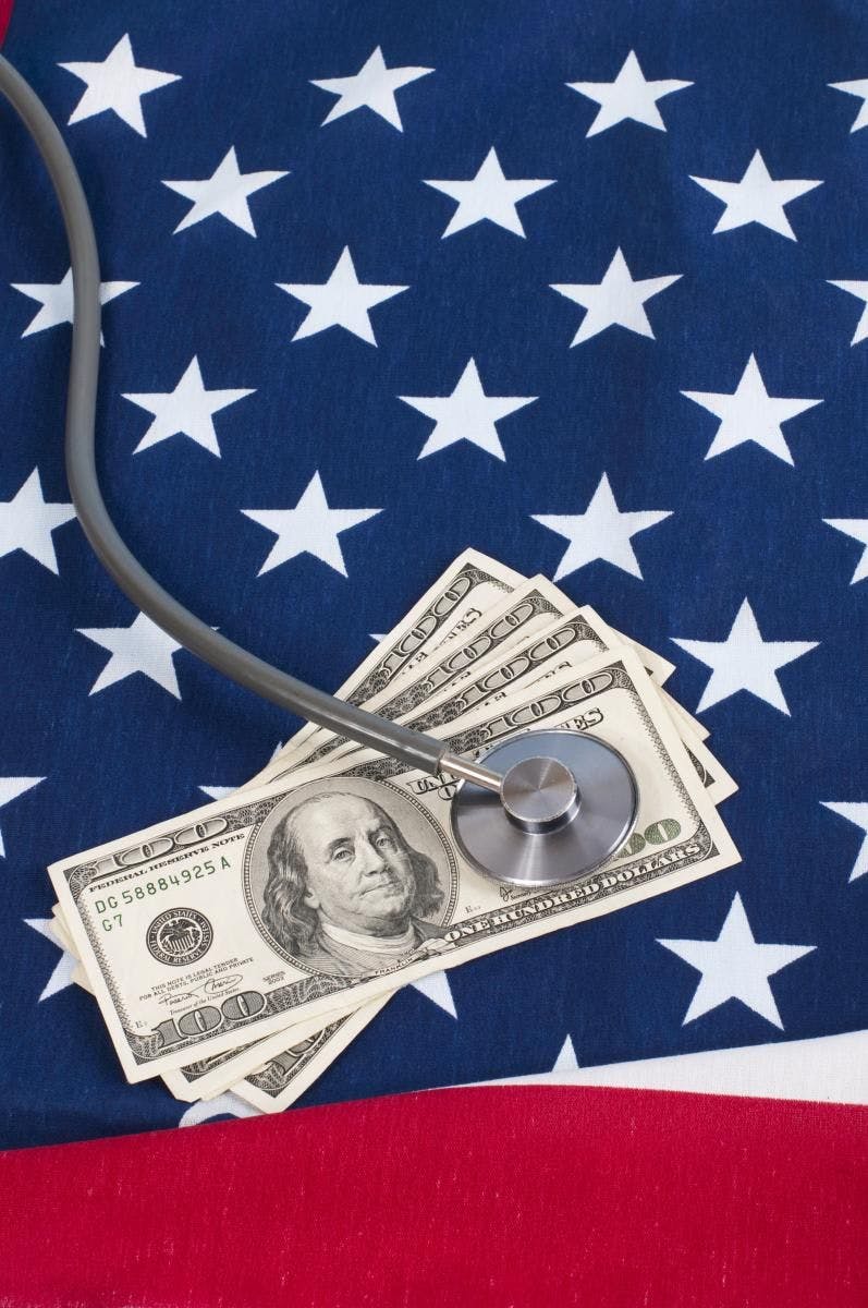 image of money, American flag, stethoscope