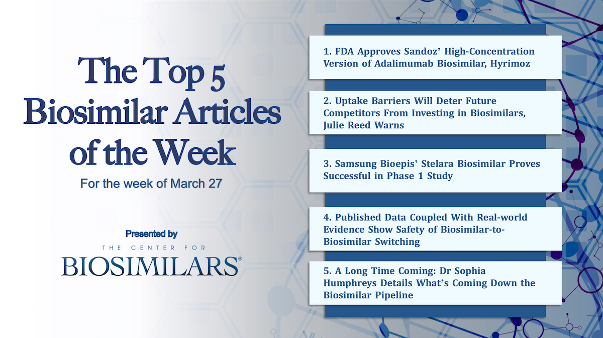 Here are the top 5 biosimilar articles for the week of March 27, 2023.