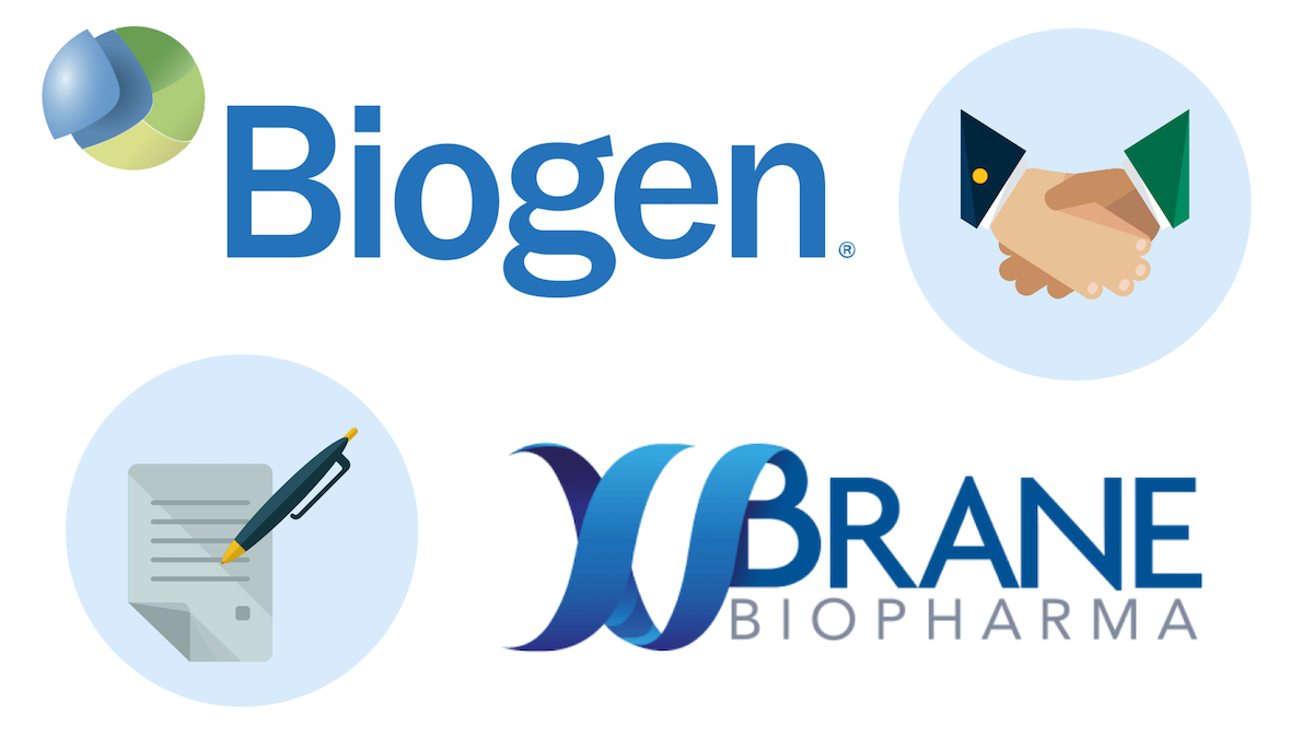 Biogen and Xbrane Biopharma logos with clip art images of a handshake and a contract