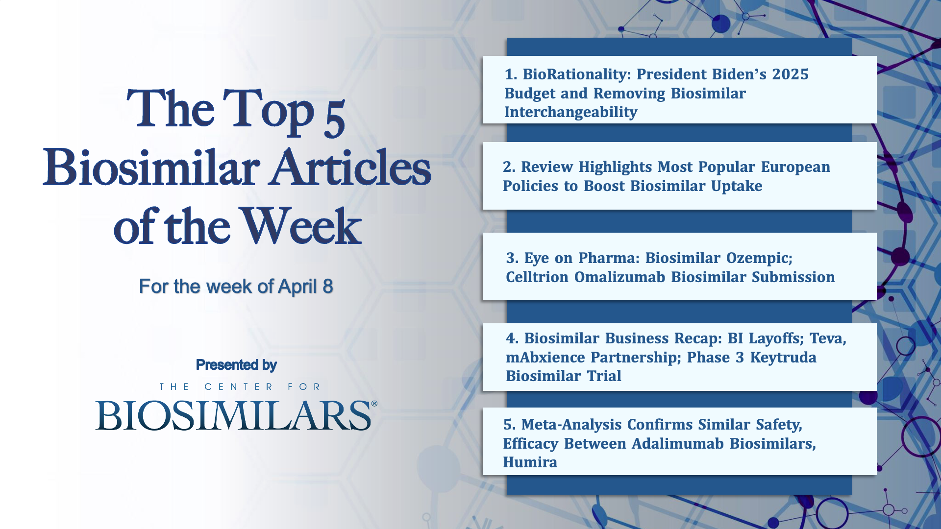 The Top 5 Biosimilars Articles for the Week of April 8, 2024.