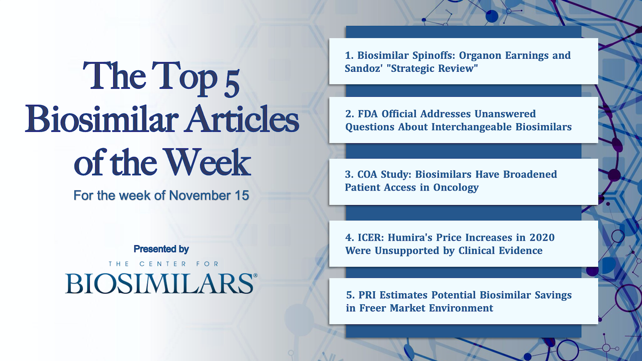 Here are the top 5 biosimilar articles for the week of November 15, 2021.