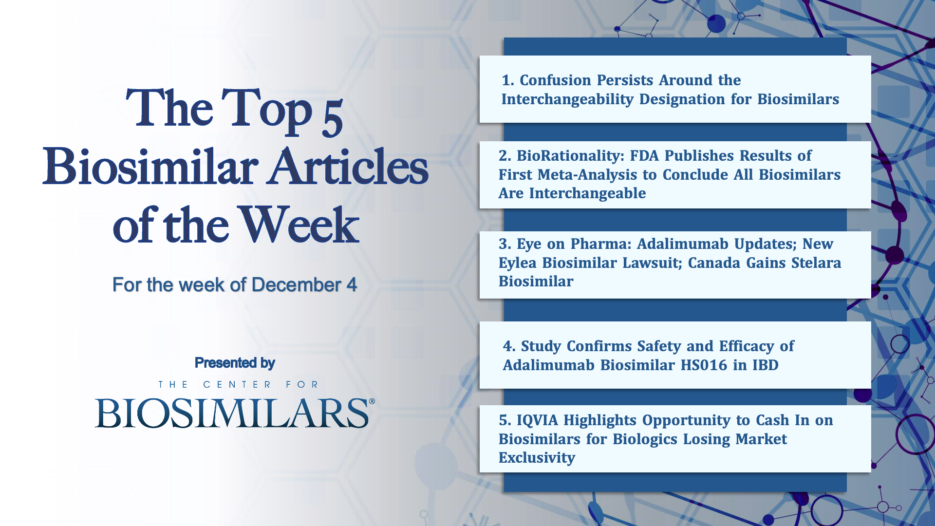 Here are the top 5 biosimilar articles for the week of December 4, 2023. 