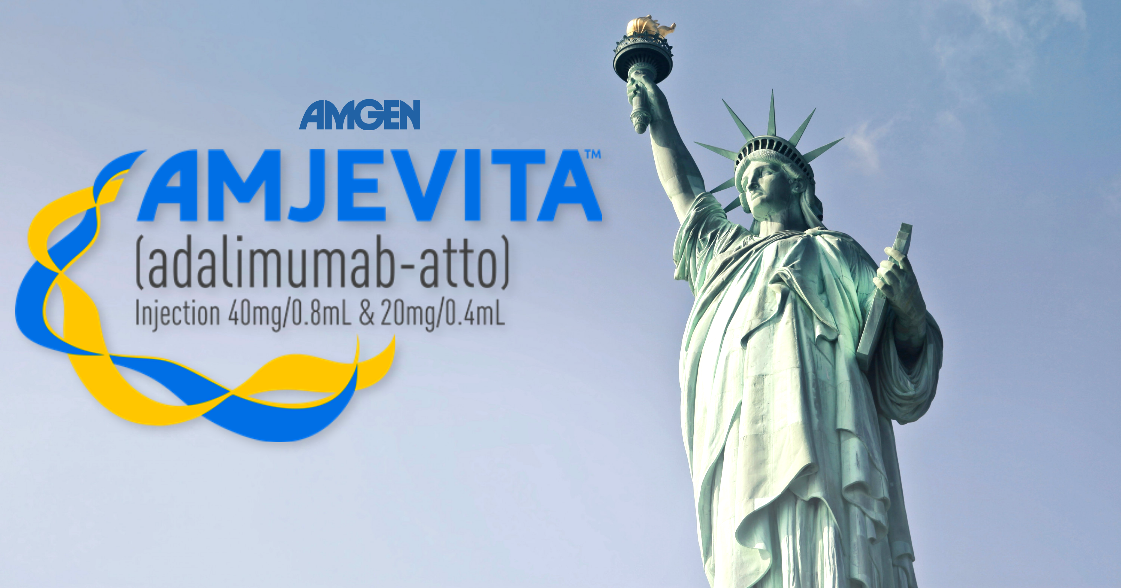 Amjevita and Amgen logos with Statue of Liberty