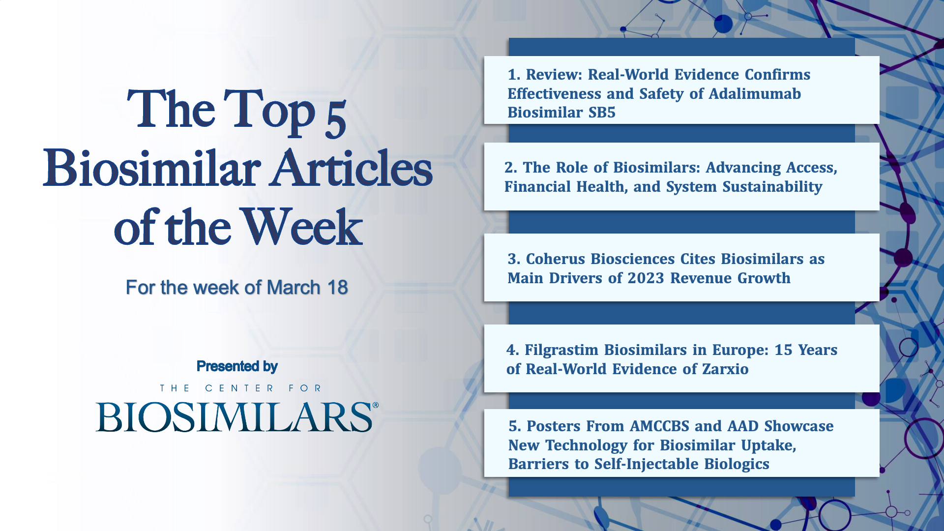 Here are the top 5 biosimilar articles for the week of March 18, 2024. 