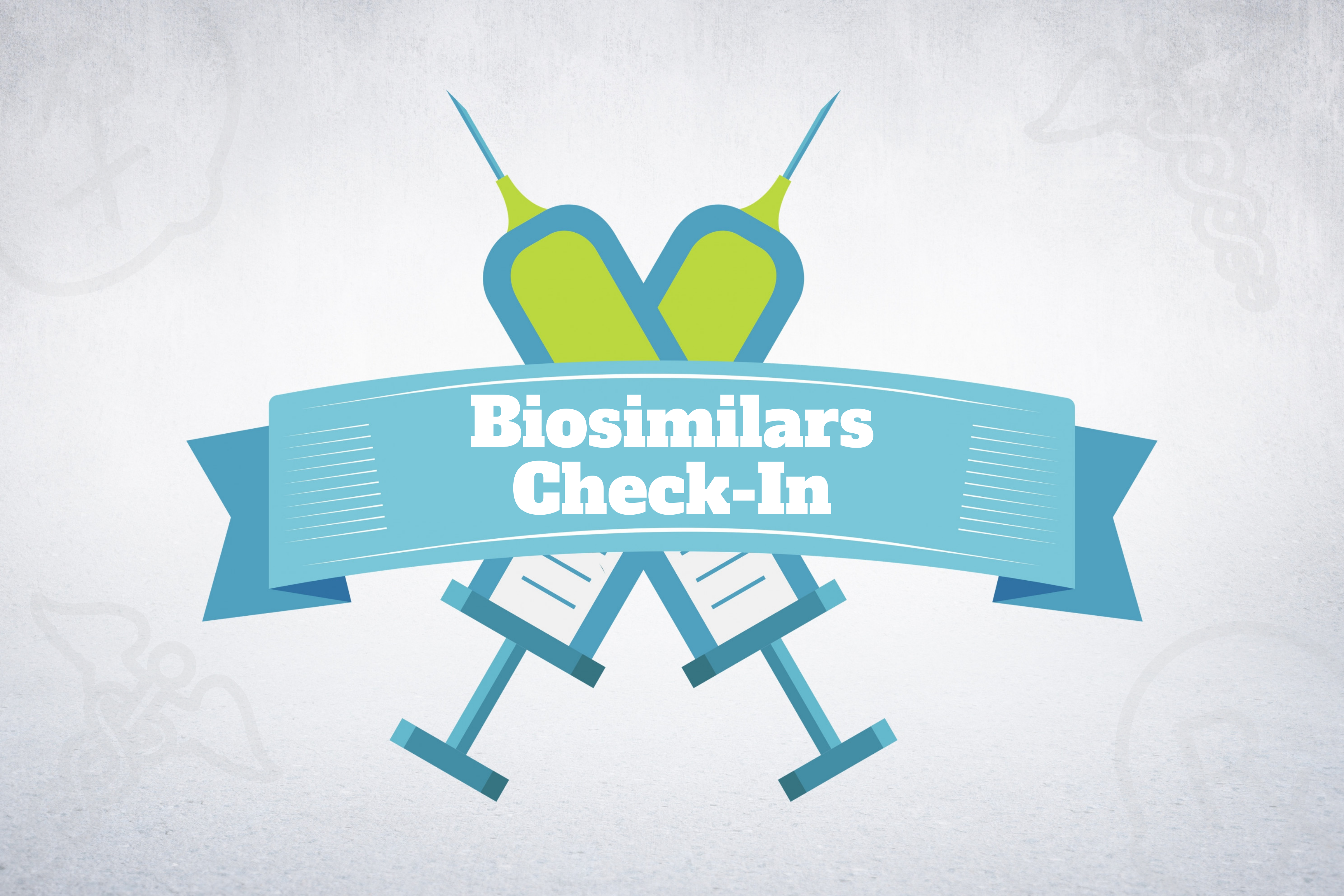 a ribbon with "biosimilars check-in" over 2 syringes
