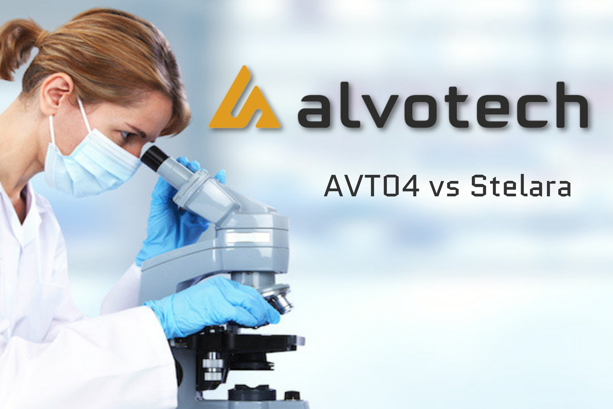 a woman looking into a microscope with "Alvotech AVT02 vs Stelara" written next to her