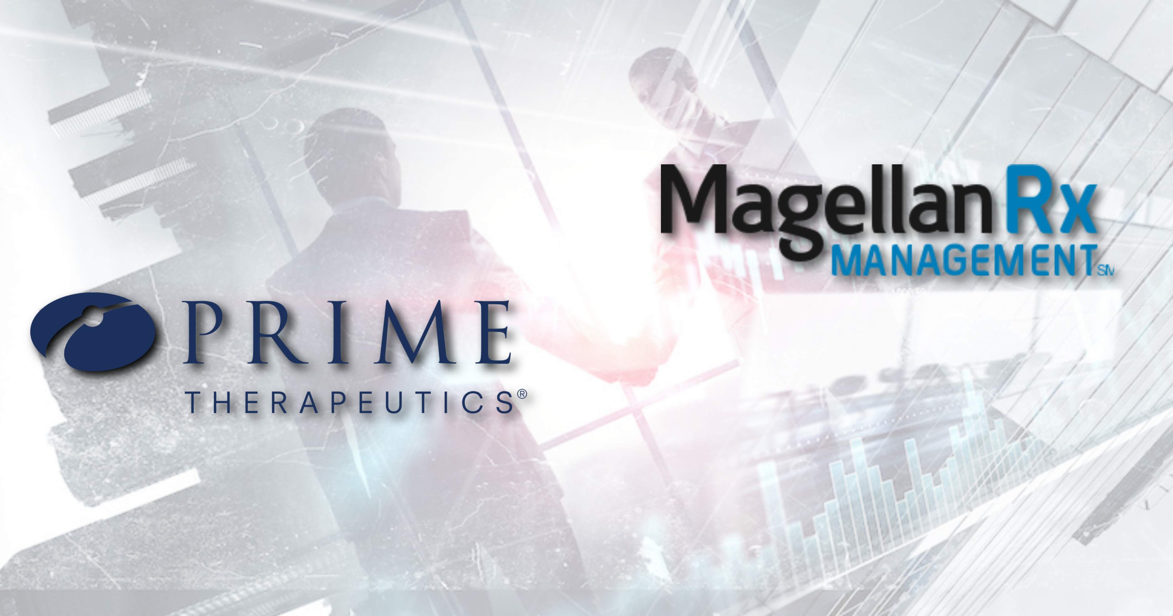men shaking hands, Magellan Rx management logo, Prime Therapeutics logo