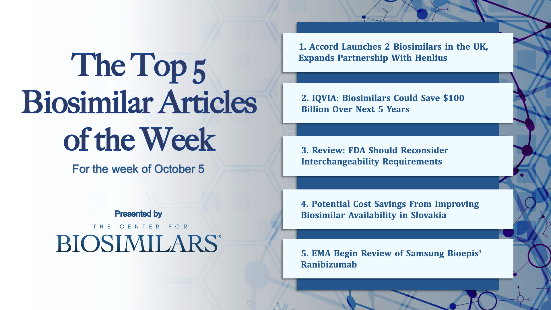 Here are the top 5 biosimilar articles for the week of October 5, 2020.