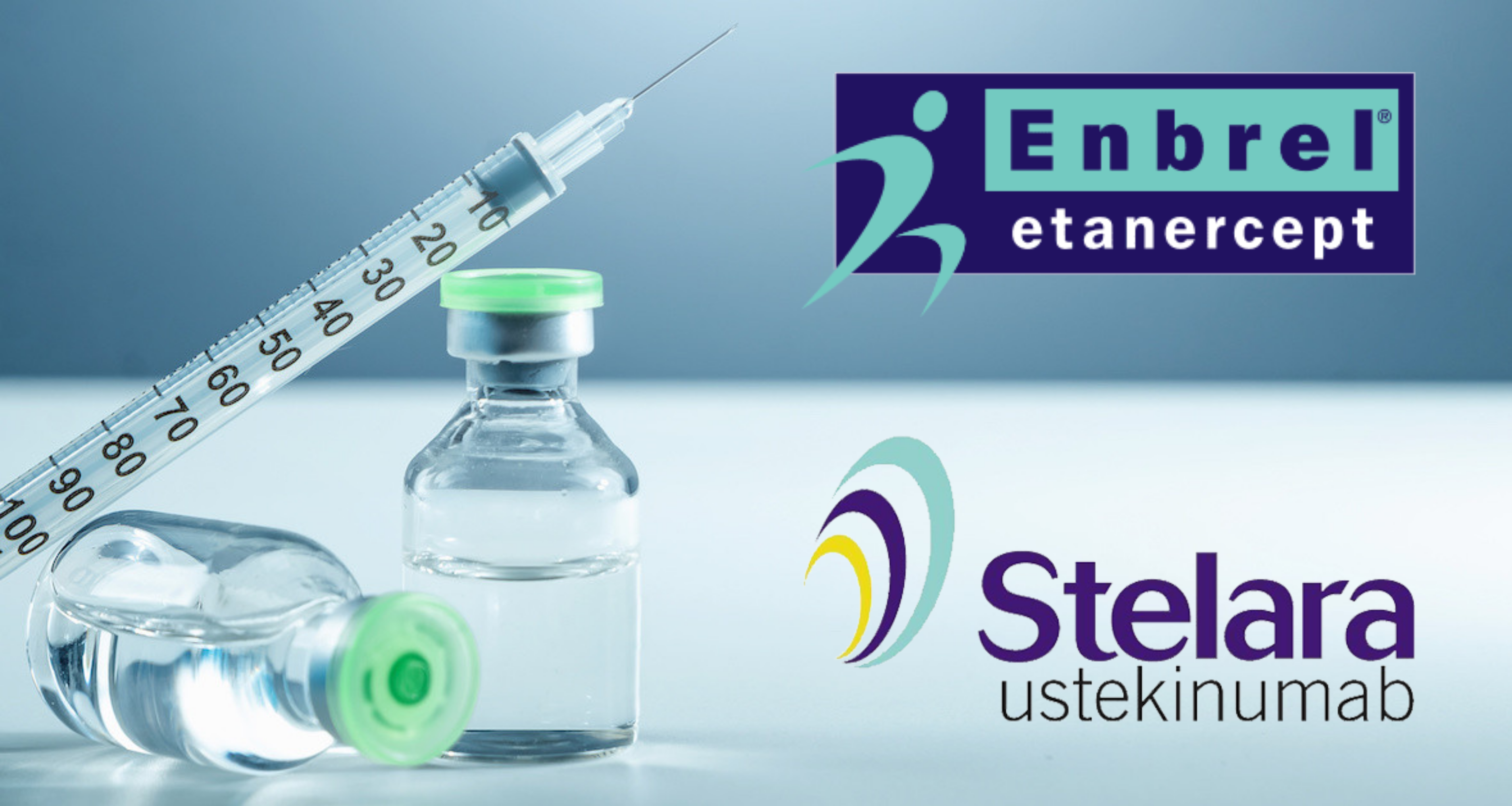 syringe and vials with Stelara and Enbrel logos | Image credit: Aliaksandr Marko - stock.adobe.com.