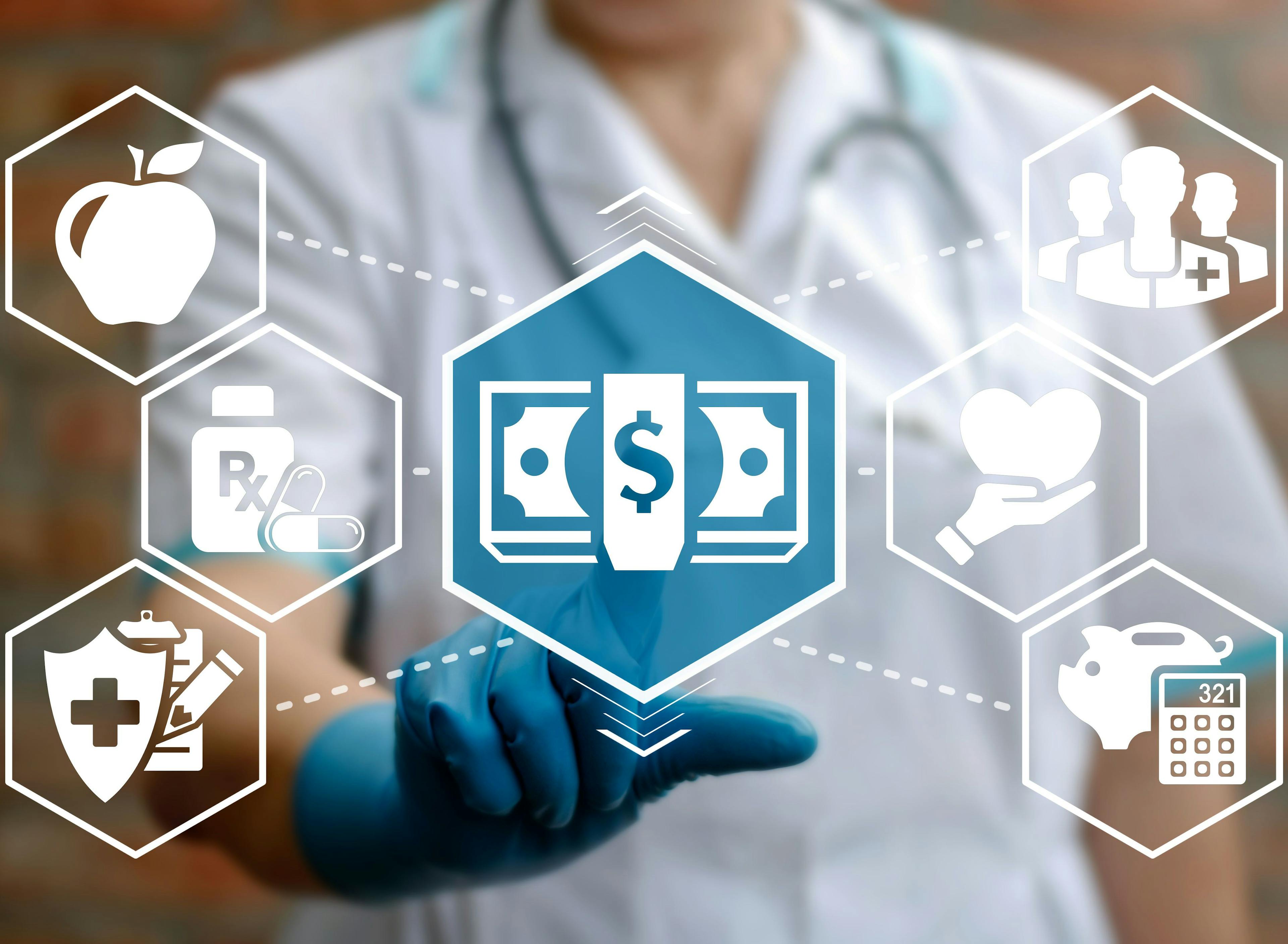 a dollar bill surrounded by several other clip art images representing different aspects of healthcare