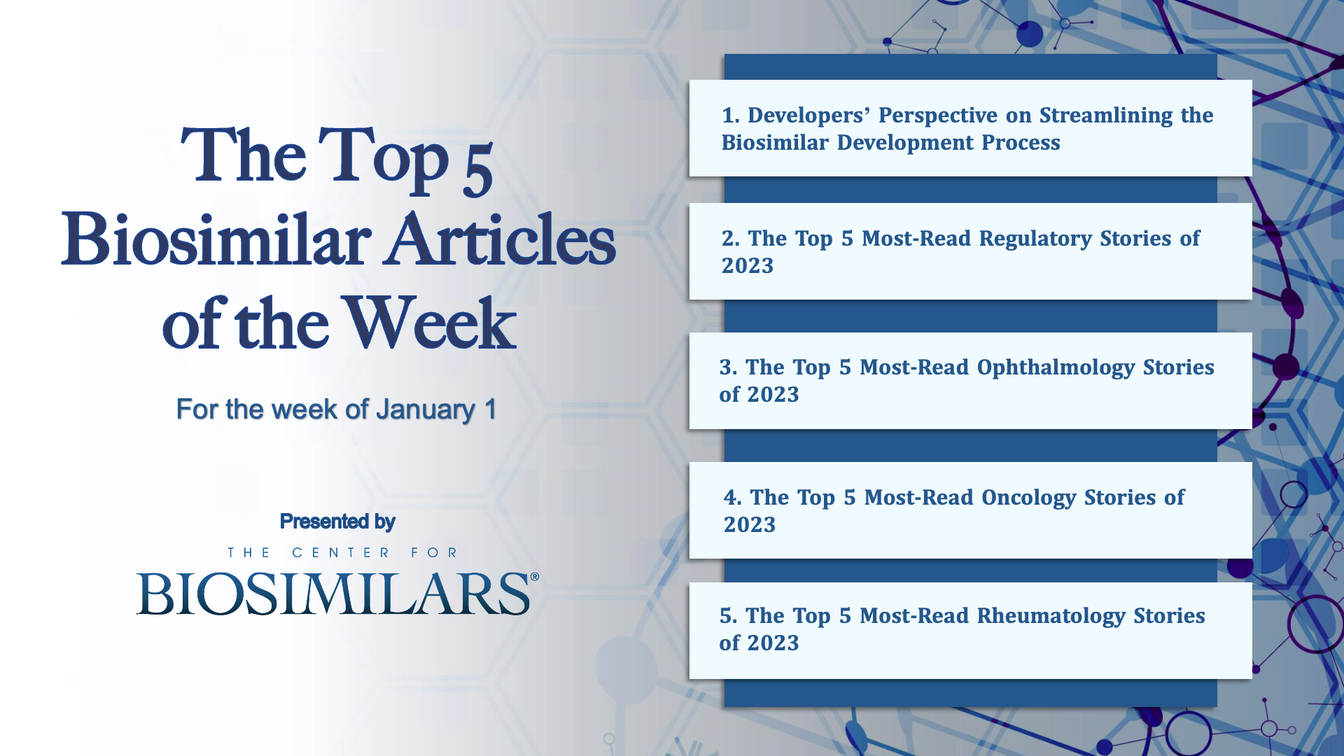 Here are the top 5 biosimilar articles for the week of January 1, 2024. 