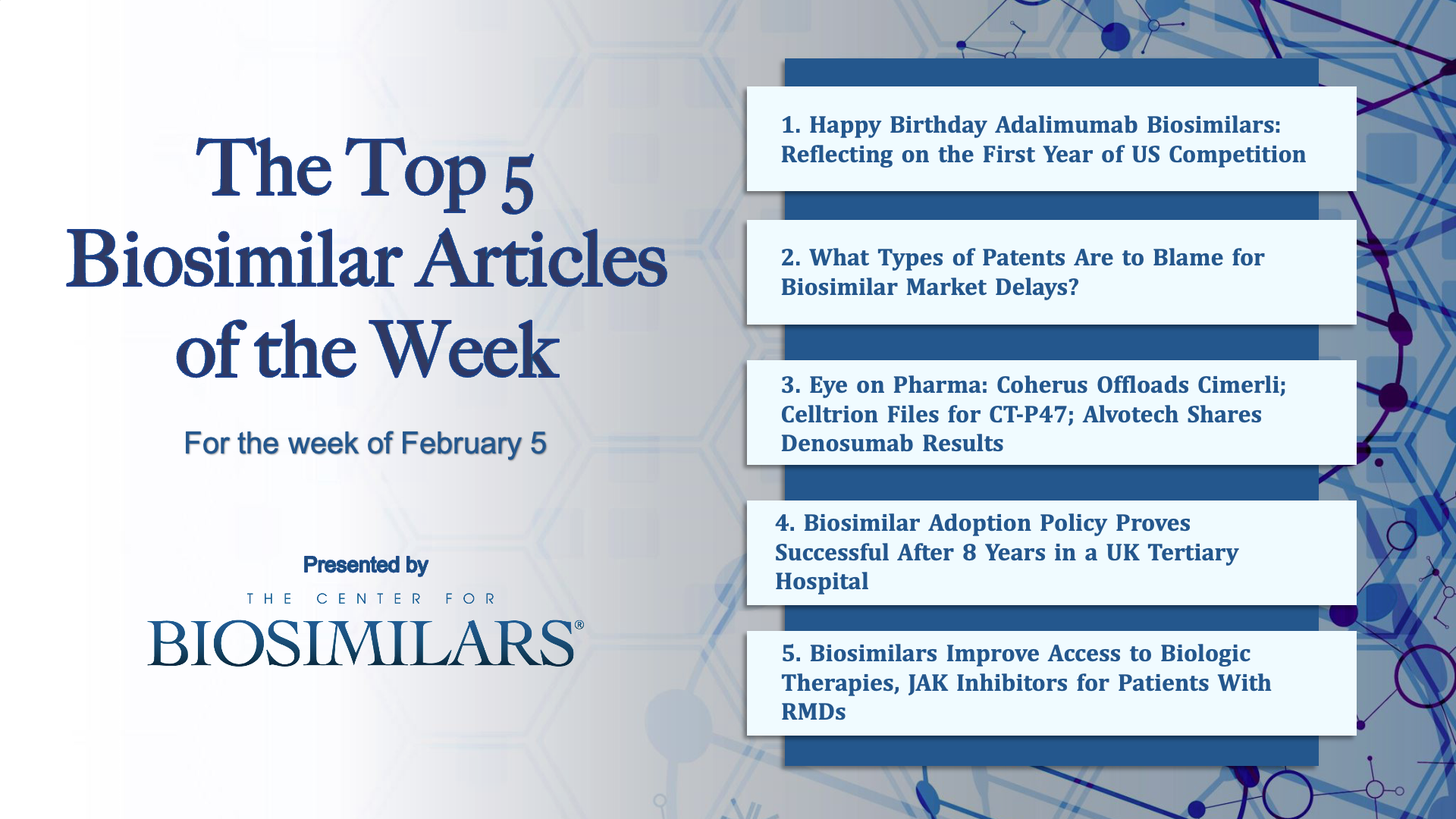 The top 5 biosimilar articles for the week of February 5, 2024.
