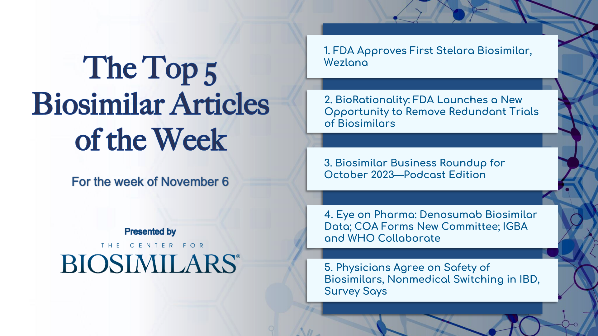 Here are the top 5 biosimilar articles for the week of November 6, 2023.