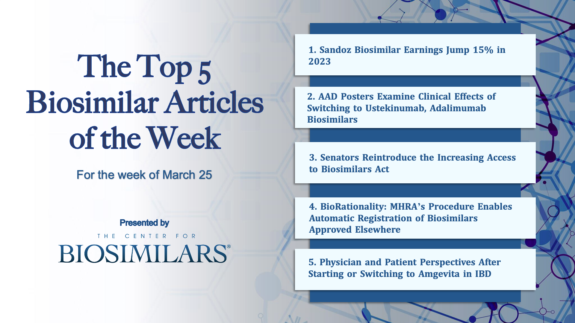 Here are the top 5 biosimilar articles for the week of March 25, 2024.